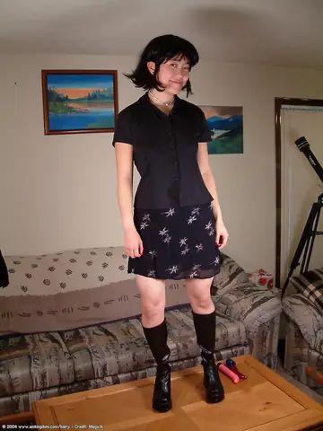 Asian Woman with Short Hair Fingers Her Hairy Pussy in Lingerie and Boots