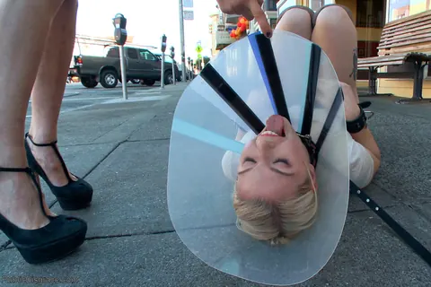 Ella Nova: Blonde with Big Natural Tits Spreads in a Skirt While Restrained Outdoors – photo 4 of 20
