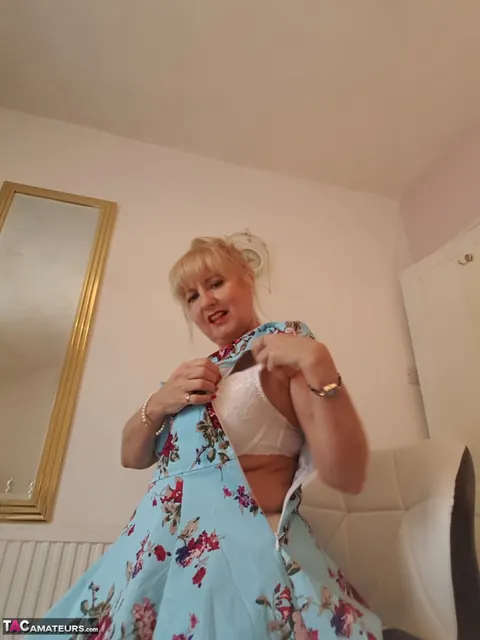 Lorna Blu: Blonde British MILF Spreads in Her Dress and Stockings – photo 15 of 18