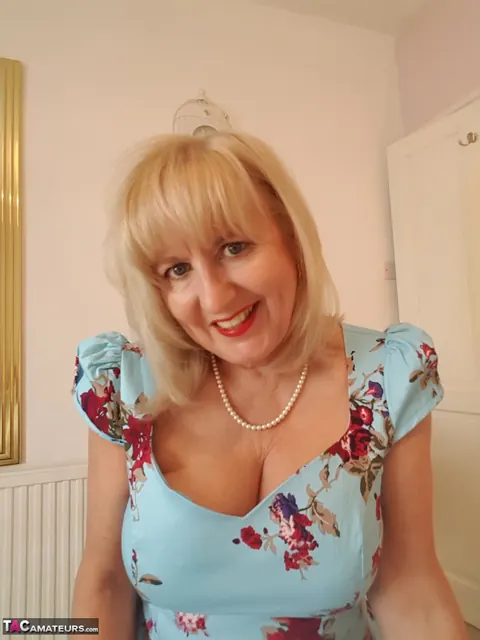 Lorna Blu: Blonde British MILF Spreads in Her Dress and Stockings – photo 6 of 18