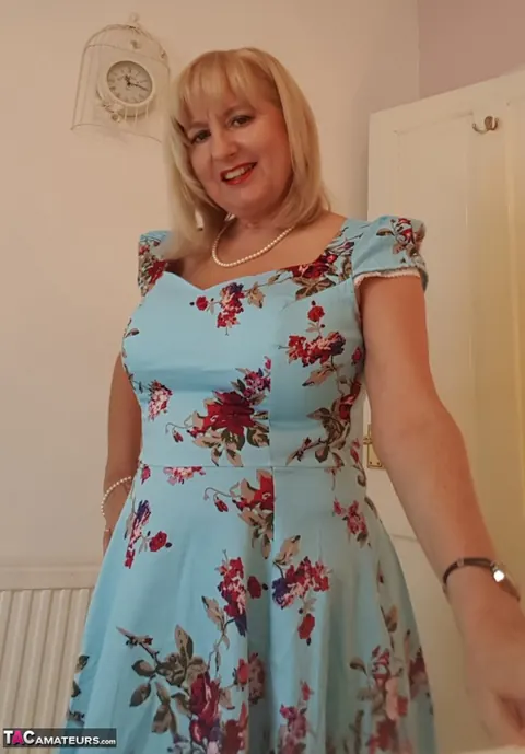 Lorna Blu: Blonde British MILF Spreads in Her Dress and Stockings – photo 1 of 18