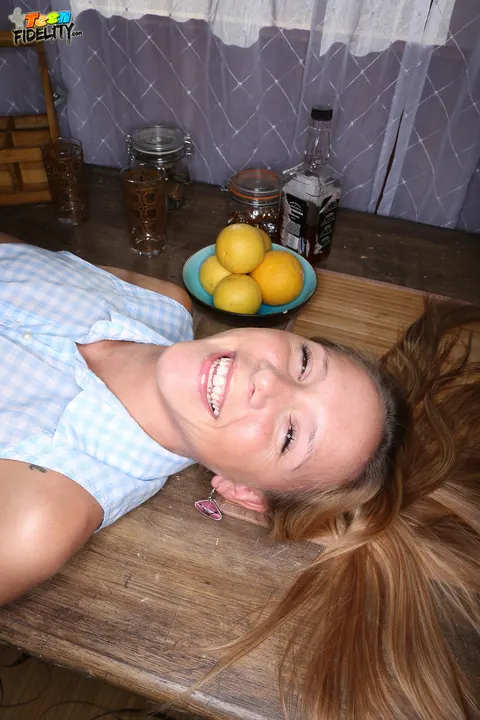 Hollie Mack: Blonde Shows Her Natural Tits in Panties on a Table – photo 14 of 19