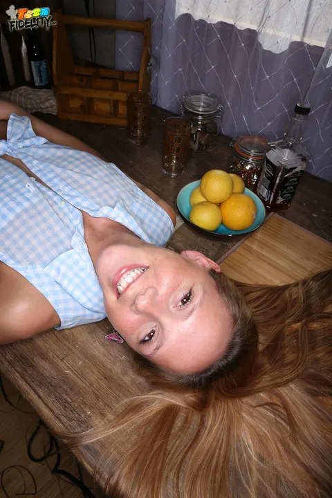 Hollie Mack: Blonde Shows Her Natural Tits in Panties on a Table – photo 15 of 19