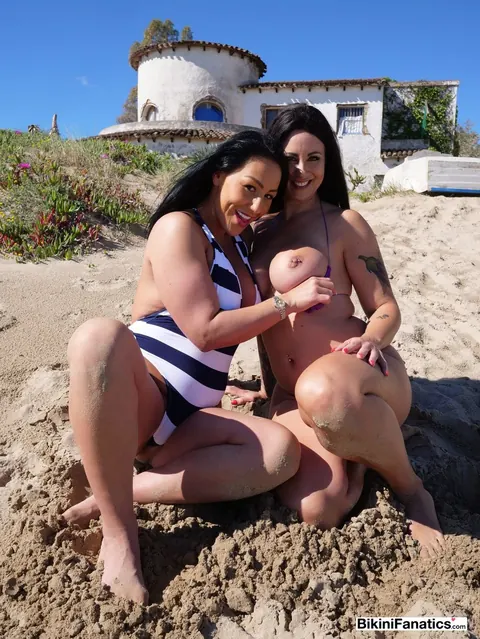 Candi Kayne: Two Busty Brunette European MILFs Strip and Spread on a Sandbank – photo 9 of 12