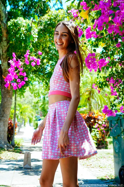 Natalia Nix: Petite Brunette Latina Flashes Her Pussy in a Dotted Skirt Outdoors – photo 14 of 20