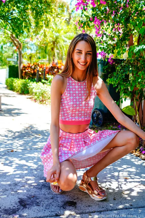 Natalia Nix: Petite Brunette Latina Flashes Her Pussy in a Dotted Skirt Outdoors – photo 8 of 20