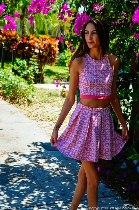 Natalia Nix: Petite Brunette Latina Flashes Her Pussy in a Dotted Skirt Outdoors – photo 7 of 20