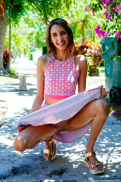 Natalia Nix: Petite Brunette Latina Flashes Her Pussy in a Dotted Skirt Outdoors – photo 15 of 20