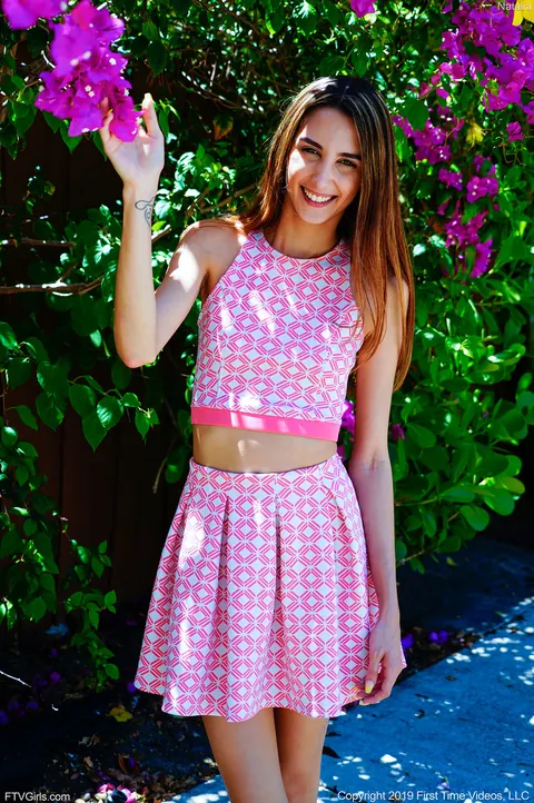 Natalia Nix: Petite Brunette Latina Flashes Her Pussy in a Dotted Skirt Outdoors – photo 2 of 20