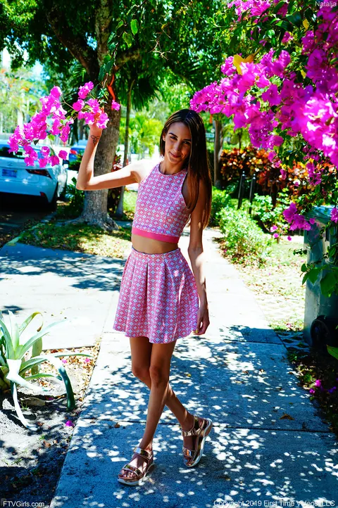 Natalia Nix: Petite Brunette Latina Flashes Her Pussy in a Dotted Skirt Outdoors – photo 3 of 20