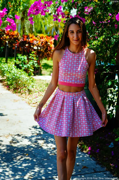 Natalia Nix: Petite Brunette Latina Flashes Her Pussy in a Dotted Skirt Outdoors – photo 6 of 20