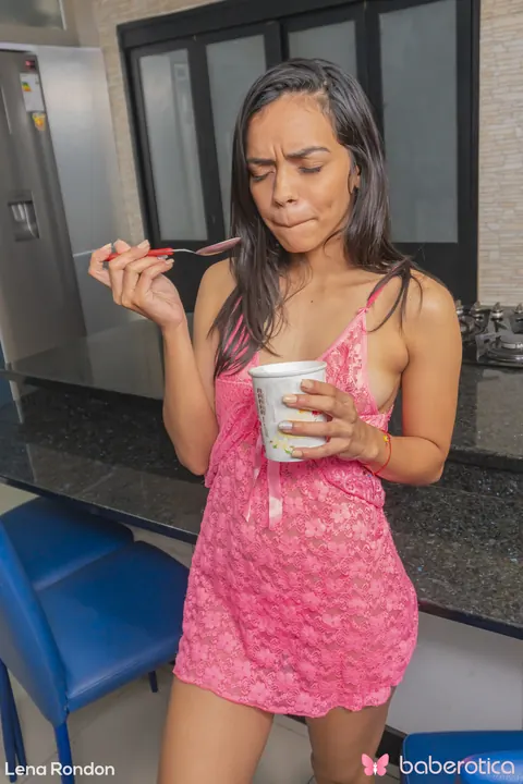 Petite Latina Coats Her Body in Yogurt and Fingers Herself – photo 2 of 21
