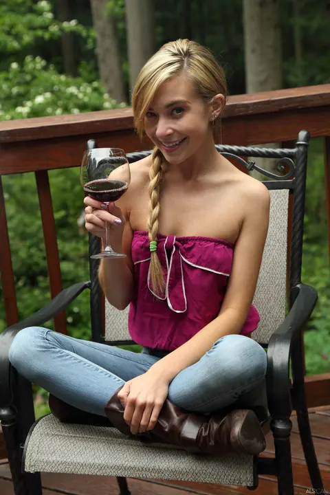 Kaylee Haze: Skinny Blonde in Pigtails Plays with a Toy Outdoors – photo 2 of 21