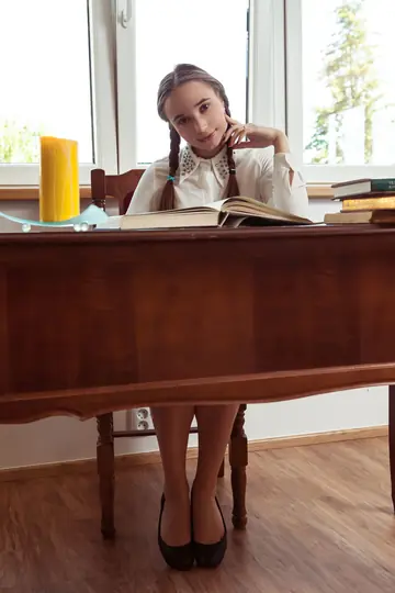 Messiah – Brunette in Pigtails Strips Out of Her Shorts in Library