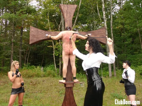 Jaelyn Fox: Tall Slim Blondes and Brunettes in Latex Skirts Dominate Bound Man Outdoors – photo 11 of 16