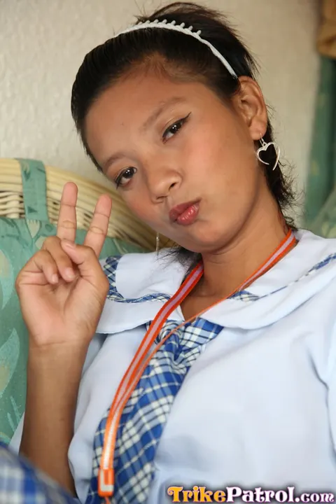 Asian Woman in Uniform Slides Panties Aside with Socks On – photo 3 of 15