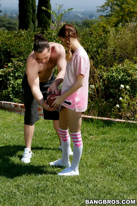 Alaina Dawson: Redhead in Stockings and Shorts Rides a Boyfriend Outdoors – photo 1 of 21
