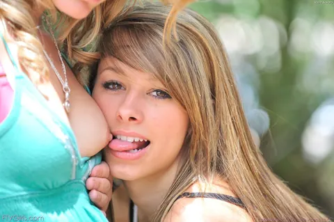 Riley Jensen: Slim Blonde and Redhead Flash Their Tits and Kiss Outdoors – photo 12 of 20