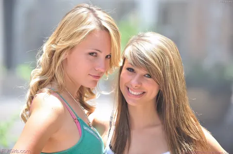 Riley Jensen: Slim Blonde and Redhead Flash Their Tits and Kiss Outdoors – photo 2 of 20