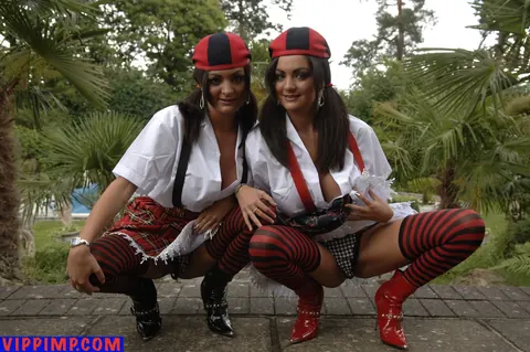 Kat Lee: Busty Pigtail Brunettes in Uniform Stockings Flash Outdoors in a Threesome – photo 16 of 21