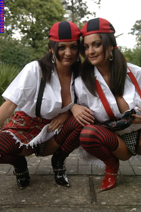 Kat Lee: Busty Pigtail Brunettes in Uniform Stockings Flash Outdoors in a Threesome – photo 18 of 21