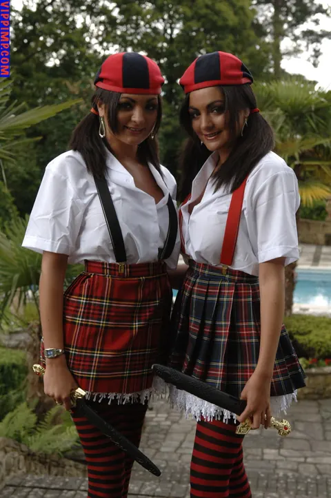 Kat Lee: Busty Pigtail Brunettes in Uniform Stockings Flash Outdoors in a Threesome – photo 5 of 21