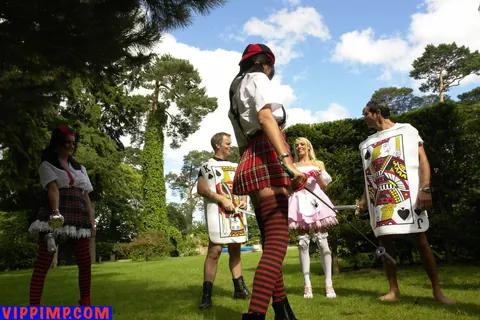 Kat Lee: Busty Pigtail Brunettes in Uniform Stockings Flash Outdoors in a Threesome – photo 3 of 21