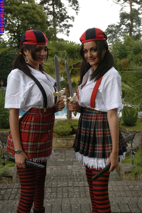 Kat Lee: Busty Pigtail Brunettes in Uniform Stockings Flash Outdoors in a Threesome – photo 8 of 21