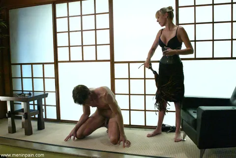 Audrey Leigh: Blonde MILF in Lingerie Whips Bound Male Slave – photo 1 of 16