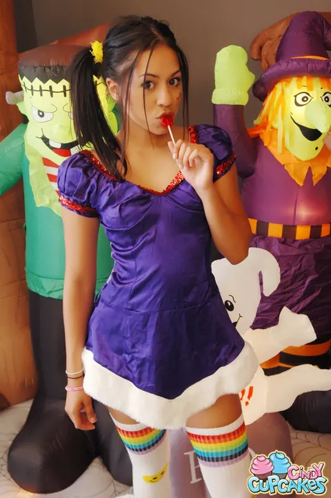 Cindy Cupcakes: Skinny Latina in Panties and Long Socks Strips for Halloween – photo 2 of 12