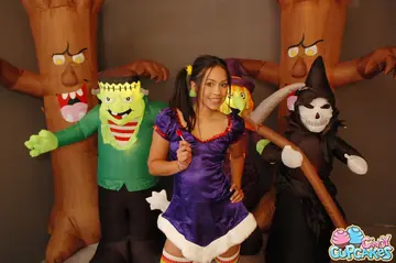 Skinny Latina in Panties and Long Socks Strips for Halloween