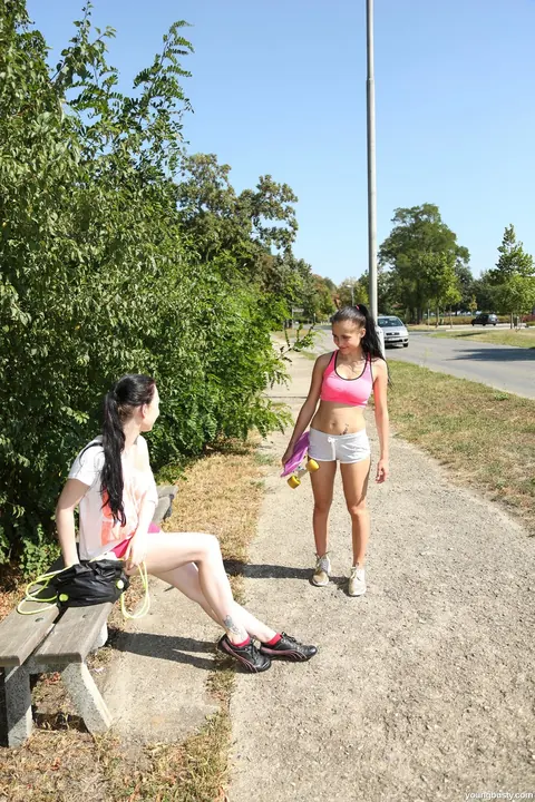Daphne J: Two Brunettes Lick Pussy and Use a Dildo Outdoors in Shorts – photo 3 of 21