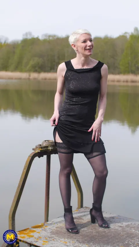 Mia Wallace: Petite MILF in Stockings Flashes Her Pussy Outdoors – photo 18 of 21