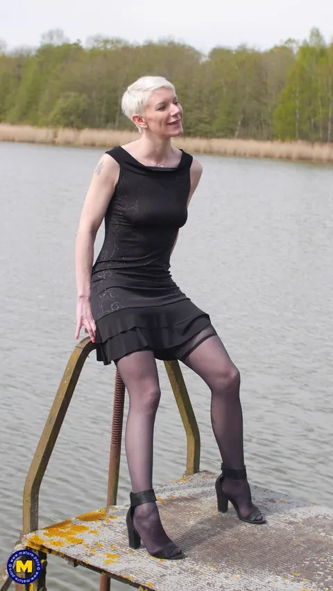Mia Wallace: Petite MILF in Stockings Flashes Her Pussy Outdoors – photo 21 of 21