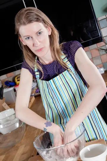 Tall Slim Blonde Coats Hairy Pussy with Flour and Eggs in the Kitchen