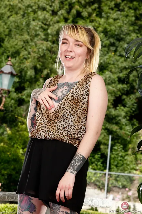 Felicia Fisher: Blonde with Small Natural Tits and Tattoos Spreads Her Hairy Pussy Outdoors – photo 2 of 20