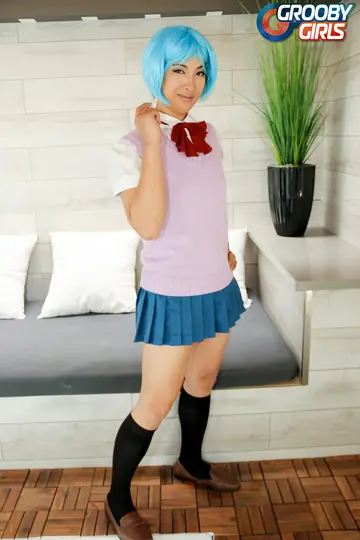 Asian Trans Woman in Uniform Strips and Strokes Her Cock