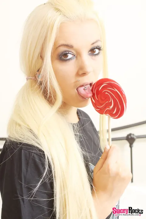Stacey Rocks: British Blonde Strips Off Her Skirt and Socks While Holding a Lollipop – photo 4 of 15