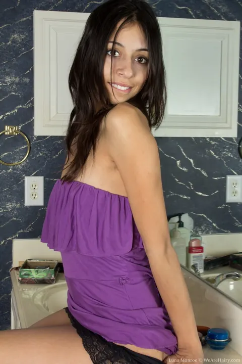 Luna Monroe: Slim Latina in Panties Fingers Her Hairy Bush in the Bathroom – photo 3 of 18