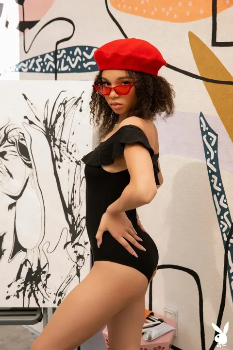 Petite Ebony Brunette in Glasses Strips to Show Her Big Tits – photo 1 of 20