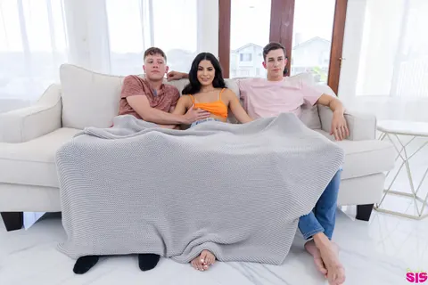 Angel Gostosa: Petite Latina Brunette Strokes Two Cocks and Spreads Her Legs in a Threesome – photo 3 of 21