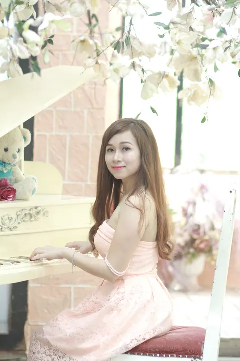 Petite Asian Redhead Teases in a Dress at the Piano Outdoors – photo 16 of 21
