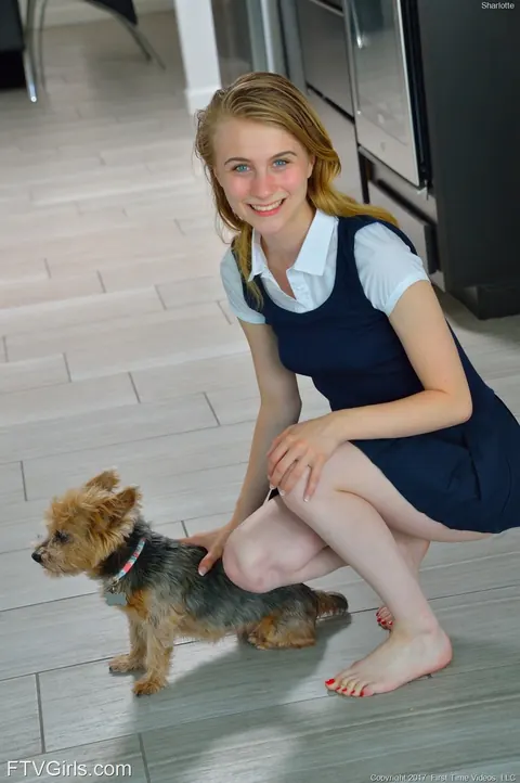 Charlotte Carmen: Skinny Blonde in Uniform Skirt Spreads Outdoors – photo 10 of 16