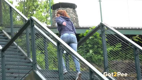 Thick MILF with Big Tits Spreads Her Hairy Pussy Outdoors in Jeans – photo 14 of 15