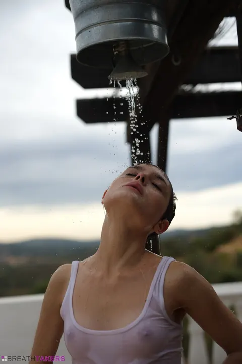 Caterina Foxy: Skinny Short-Haired Brunette Smokes After Outdoor Shower – photo 7 of 12