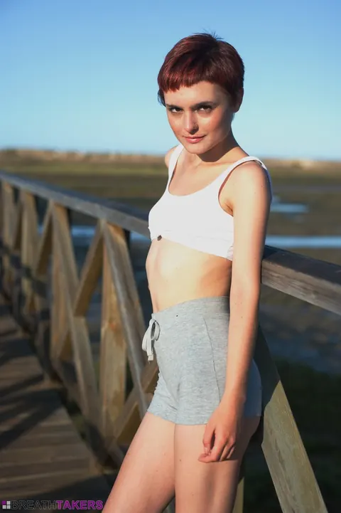 Caterina Foxy: Skinny Short-Haired Brunette Smokes After Outdoor Shower – photo 1 of 12
