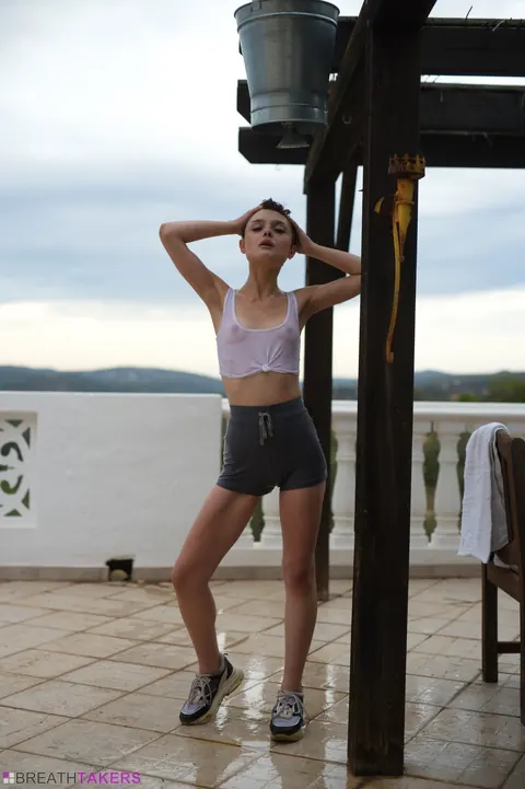 Caterina Foxy: Skinny Short-Haired Brunette Smokes After Outdoor Shower – photo 2 of 12