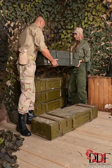 Blonde in an Army Uniform and Lingerie Gives a Blowjob Until He Cums
