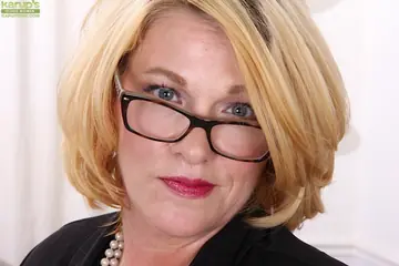 Mature Blonde in Heels and Glasses Spreads Her Hairy Pussy