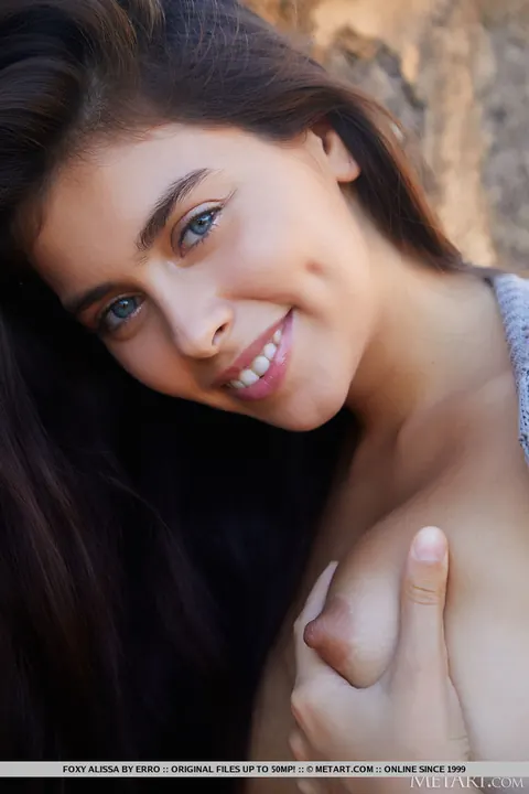 Foxy Alissa: Thick Hairy Brunette Spreads Her Legs Near a Stone Wall Outdoors – photo 4 of 18